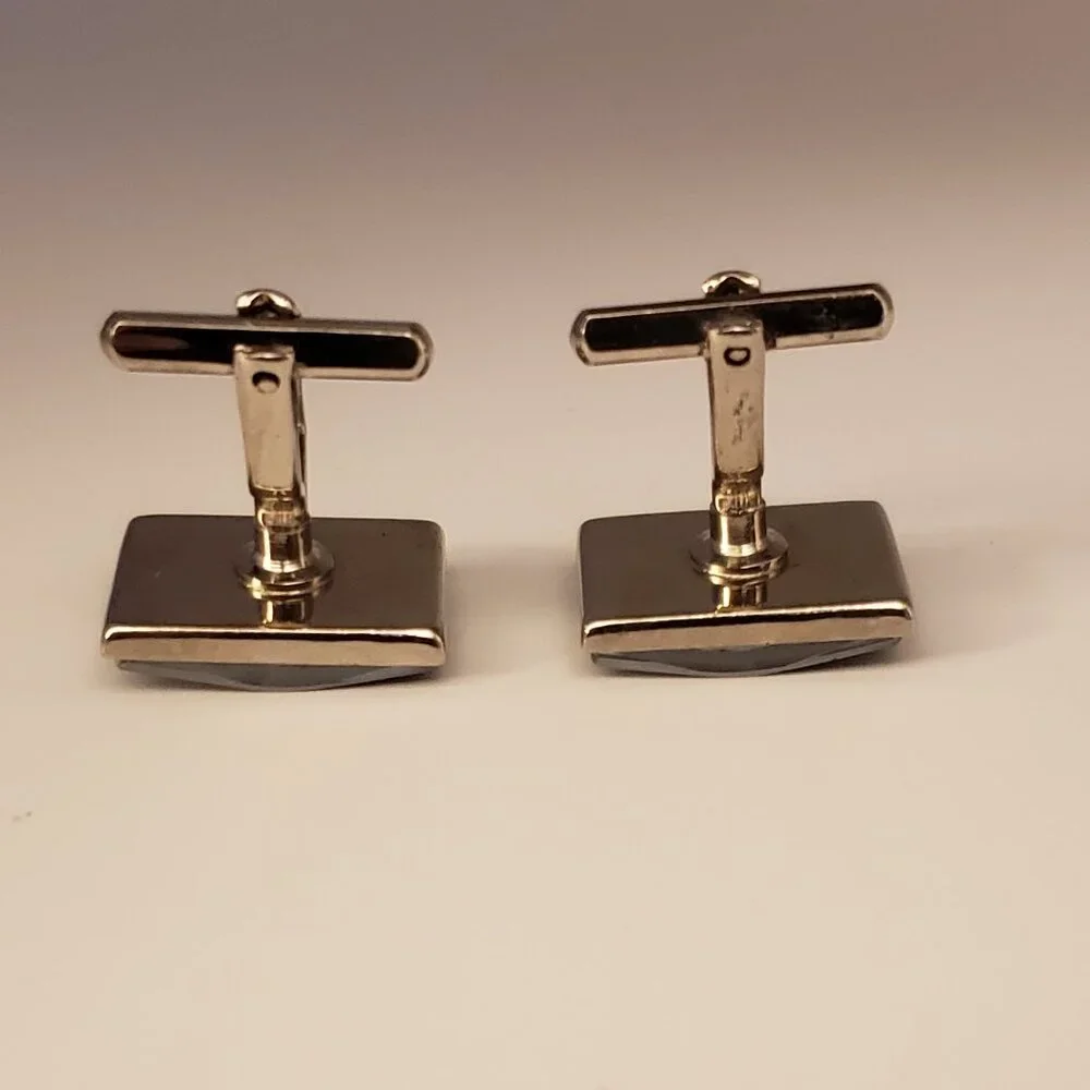 Vintage Silvertone Angled Mirrored Metal Cufflinks Faceted Geometric Rectangular